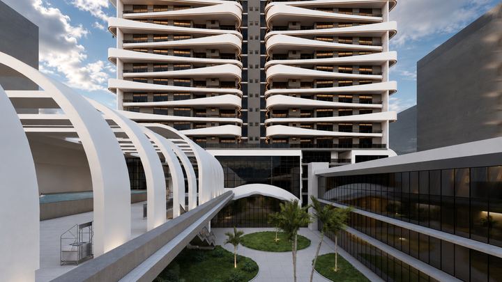 Covered walkways linking the residences to the mall