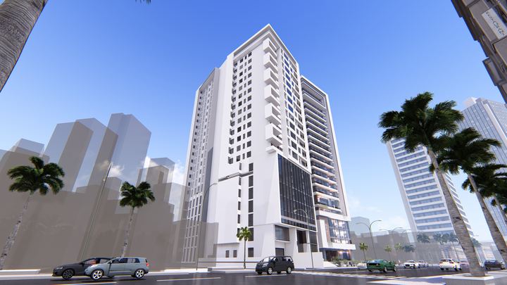 The twin towers — elevation from the main road